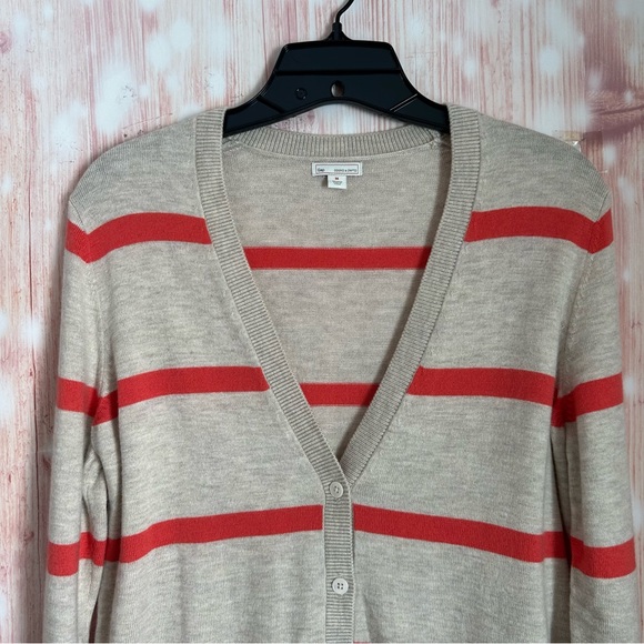 Gap Oatmeal Beige Wool Blend Orange Stripe Gray Colorblock V Neck Cardigan Sz M - Picture 3 of 11